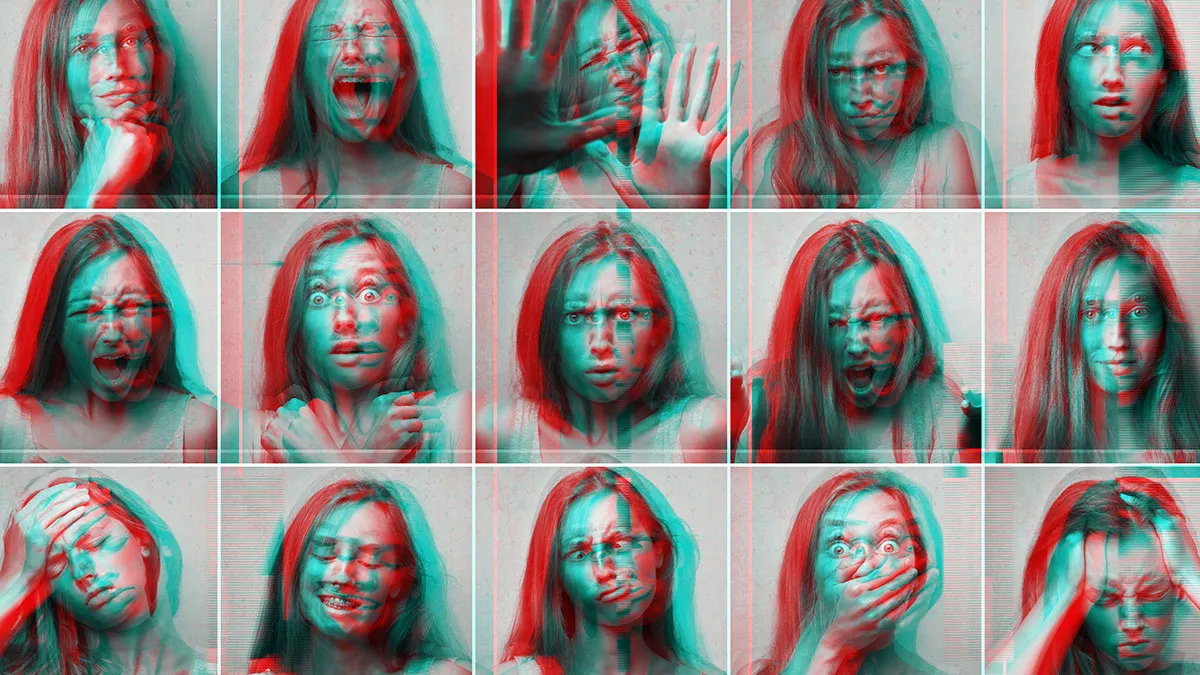 Un montage d’une femme avec de nombreuses expressions faciales